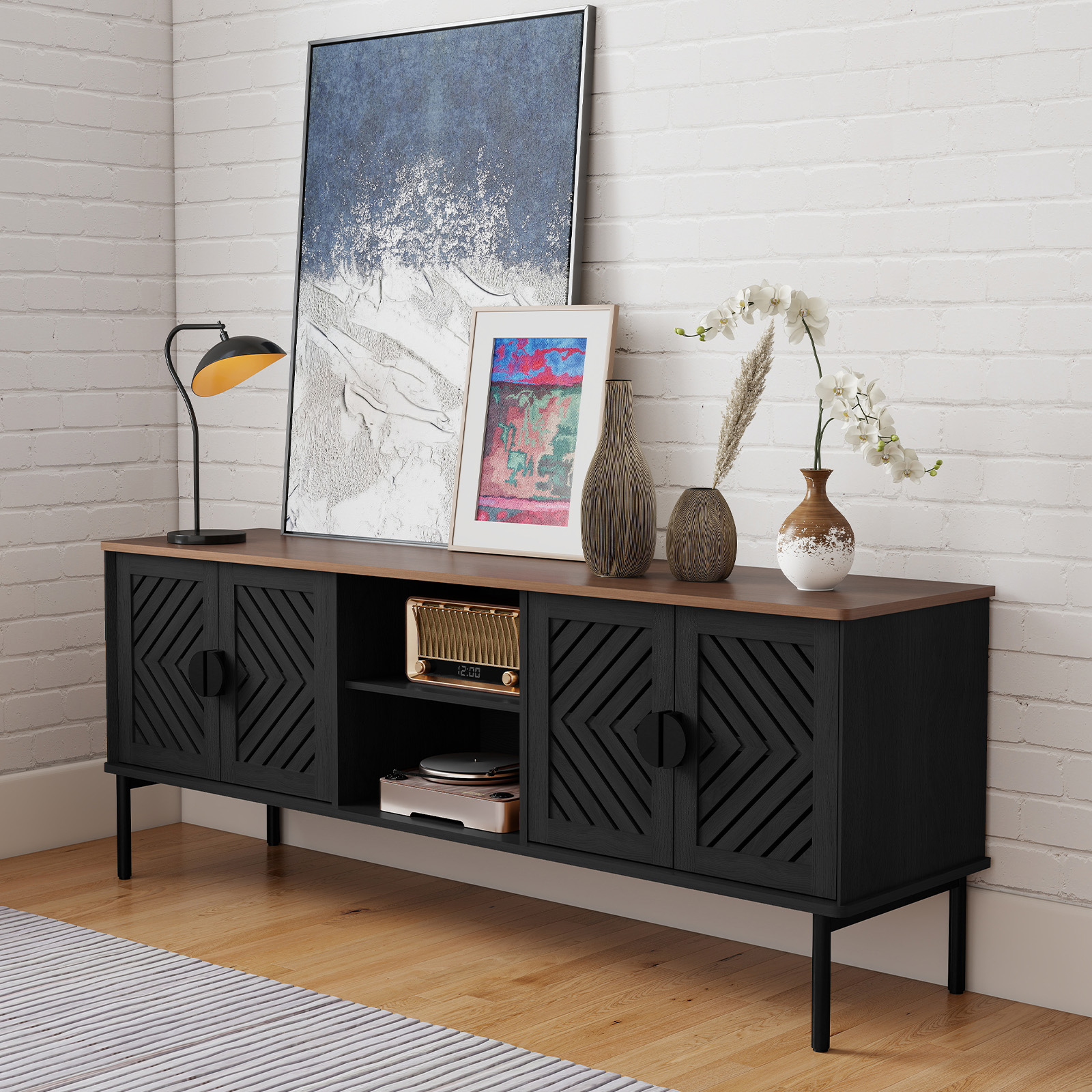 HLR Mid Century Modern 63" TV Stand for 75 inch TV with Storage, Entertainment Center for Living Room, Black