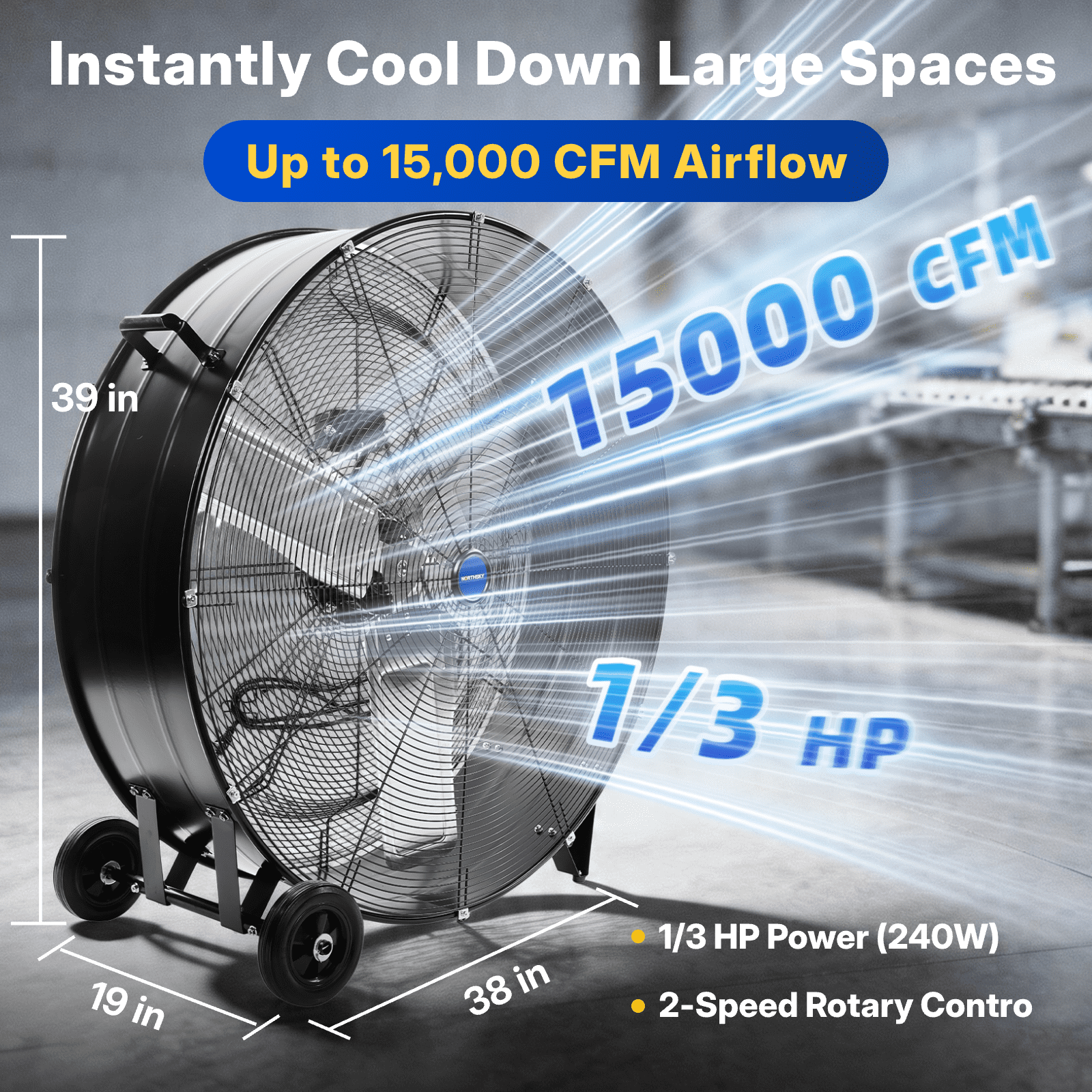 NORTHSKY 36" Industrial Drum Fan, 15000 CFM High-Velocity, Heavy Duty Floor Fan with 2 Speeds, 1/3 HP Powerful Motor, 6 IN Wheels Barn Fan for Garage, Warehouse, Shop, Workshop, Factory, UL Listed