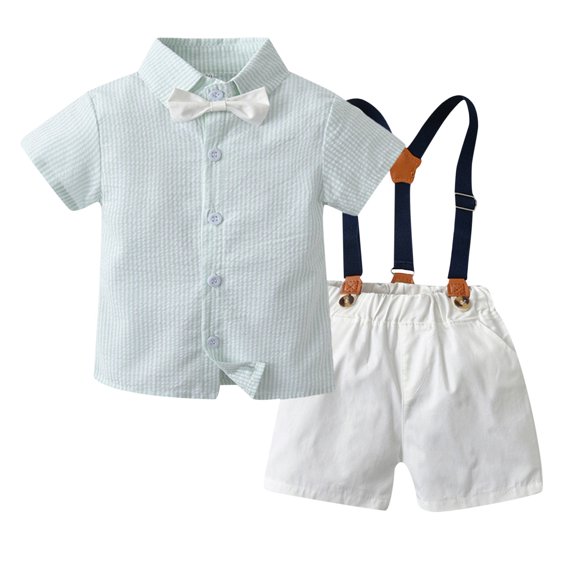 LWNYDPLSD Baby Boy Formal Short Set Toddler Summer Gentleman Outfit Kids StripedShort Sleeve Bowtie Shirt Suspender Shorts Suit for Wedding Graduation Dress Infant Boy Clothes