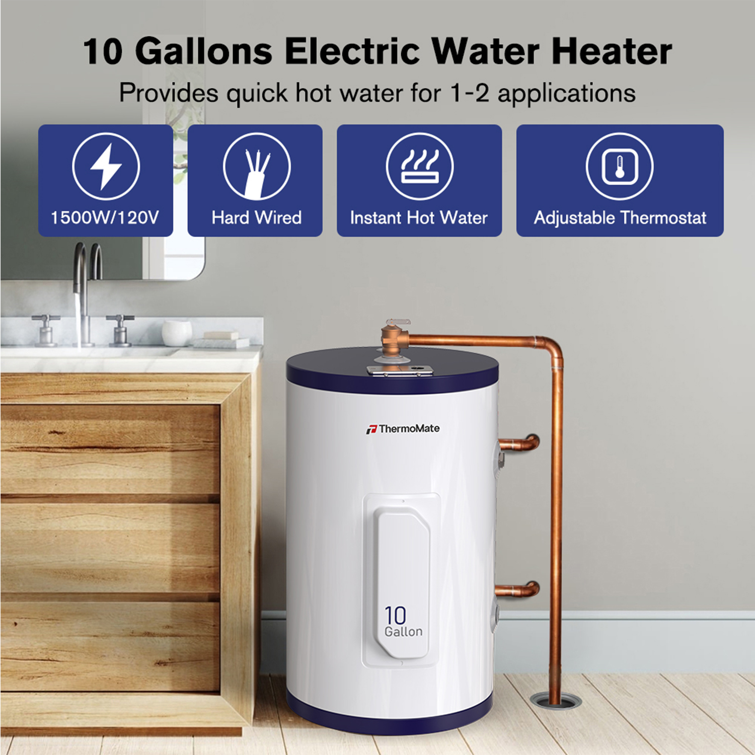 Thermomate 10 Gallon Point of Use Hot Electric Tank Water Heater, 120V 1500W, Adjustable Thermostat, UL Listed