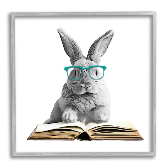 Stupell Industries Bunny Reading Book Animals & Insects Painting Gray Framed Art Print Wall Art, 24 x 24