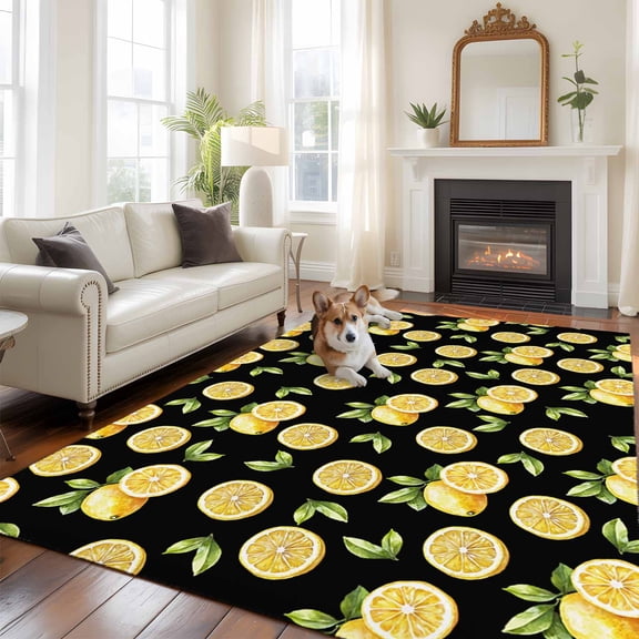 6'x9' Area Rugs, Summer Lemon Indoor Outdoor Area Rug for Living Room Bedroom, Country Fruit Leaf Black Watercolor Washable Bathroom Rugs Kitchen Floor Carpet Mats Home Decor Aesthetic