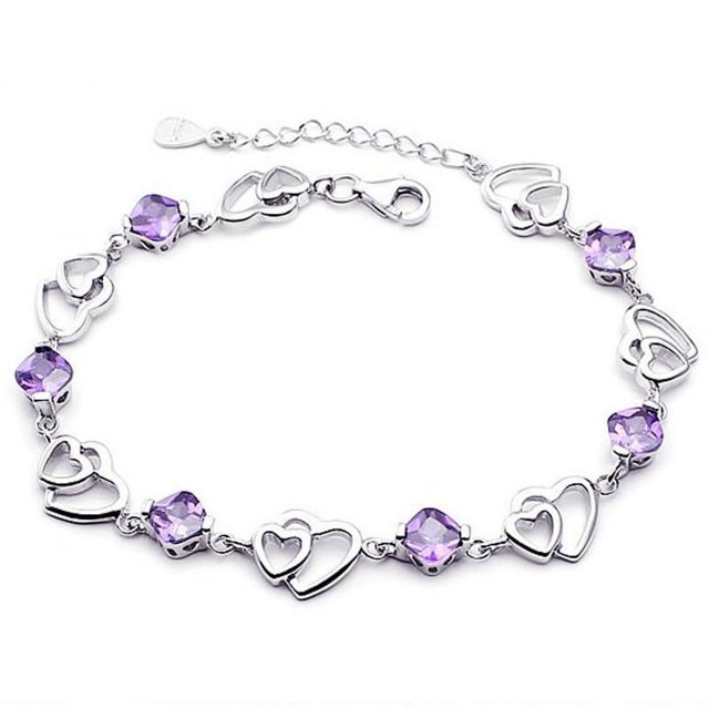 Pulsera de mujer de Color morado, Plata de Ley 925 con amor, pulsera de corazón de cristal para mujer, joyería, regalo de Navidad para esposa