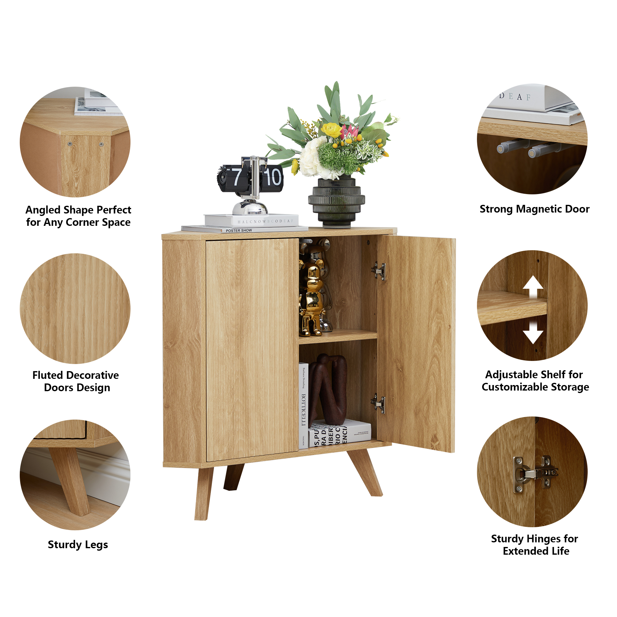 Weselon Wooden Triangular Bathroom Floor Corner Cabinet with Double Door, Freestanding Wooden Storage Cabinet Floor Organizer for Bathroom（Natural）