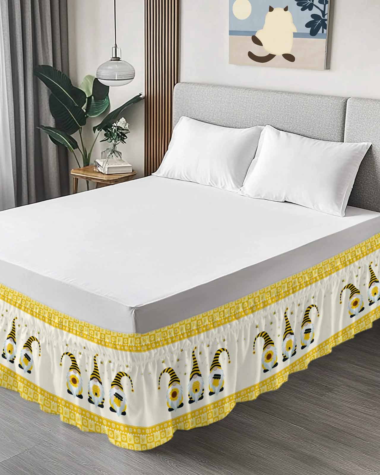 Sweet Gnomes Bed Skirt Bee Daisy Yellow Plaid Bed Skirts Queen Size 18 Inch Drop, Wrap Around Dust Ruffle&nbsp;Bedskirt with Adjustable Elastic Belt for Queen Size Beds