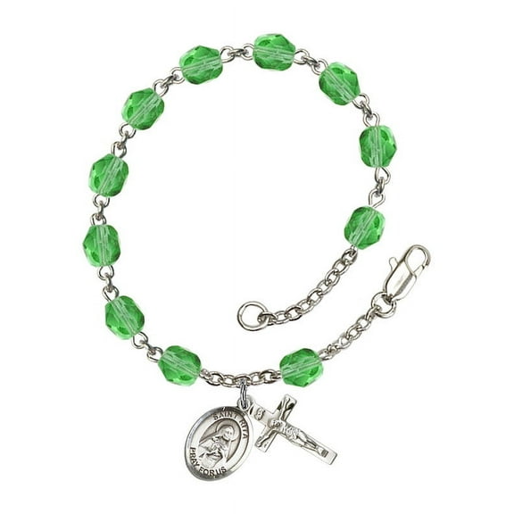 St. Rita / Baseball Silver Plate Rosary Bracelet 6mm August Green Fire Polished Beads Crucifix Size 5/8 x 1/4 medal charm