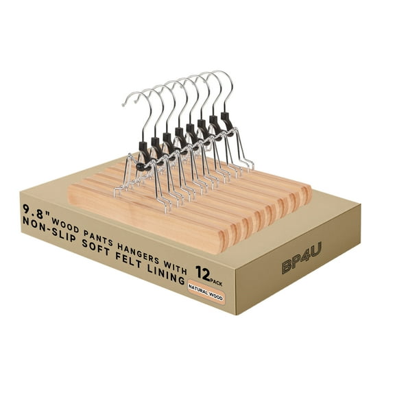 BP4U 12-Pack Wooden Pants Hangers with Felt Lining, 10" Non-Slip Clamp Solid Wood Skirt Hangers for Trousers, Jeans, Shorts, and Delicate Fabrics