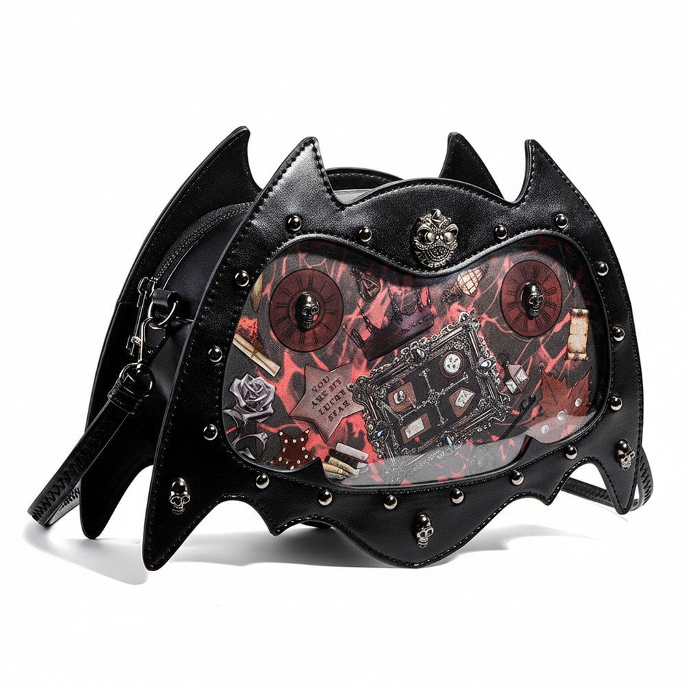 Jiibva Punk Style Crossbody Bag Gothic Dark Pain Bag Cartoon Bat Cat Shaped Shoulder Bag PU Leather Messenger Bag