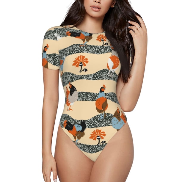 Balery Funny Chicken Body de cuello redondo de manga corta para mujer Tops de manga corta Tops básicos-XX-Large
