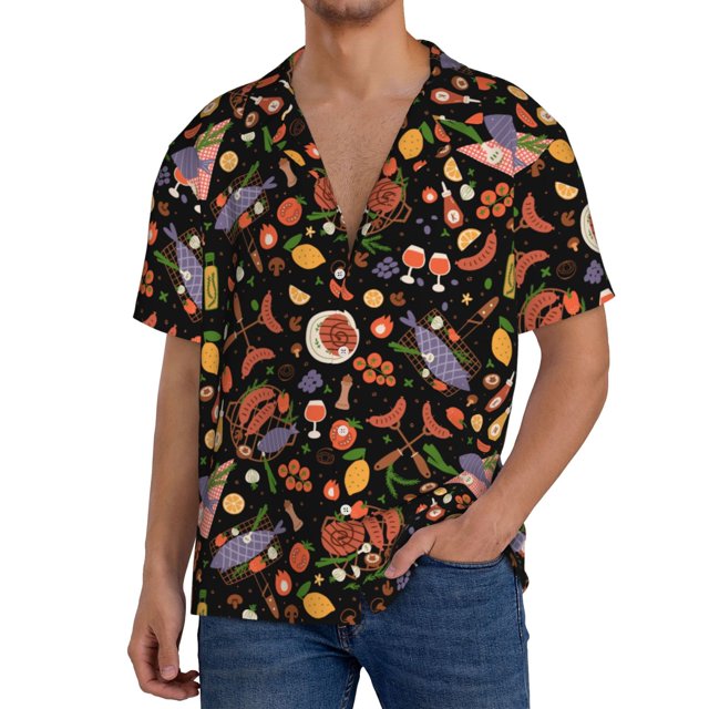 Fotbe BBQ Party Camisa Estampada de Manga Corta para Hombre, Casual de Verano, Estilo Playero, Sin Arrugas-Large
