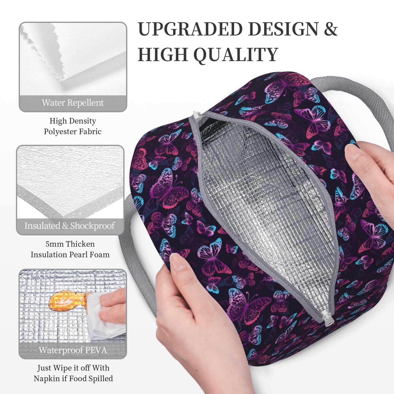 Horeoi Purple Butterfly Pattern Large Insulated Lunch Bag for Work, School, Picnic - Waterproof, Durable Oxford Cloth, Comfortable Handle-Light Grey