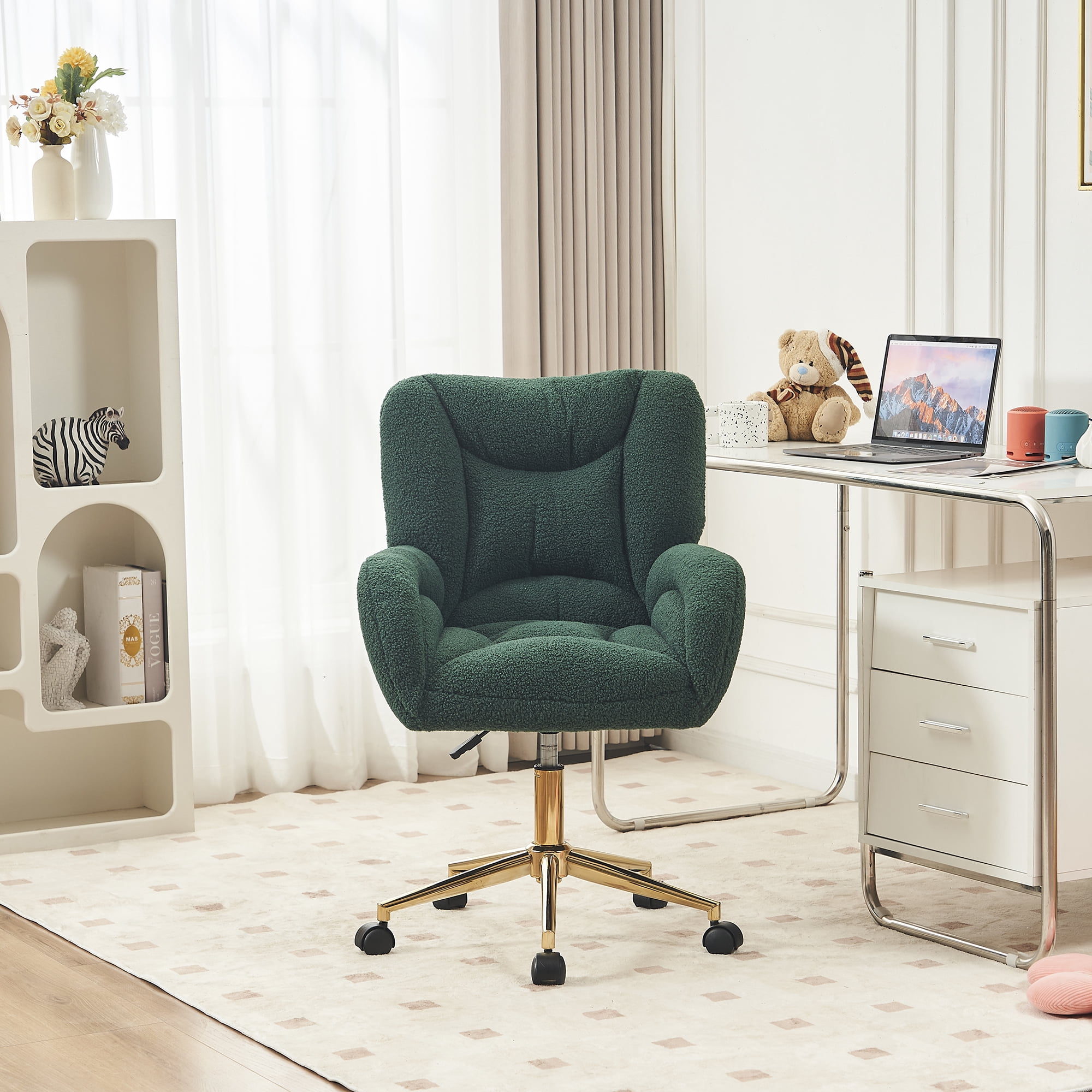 Desk Chair with Wheels and Arms Velvet Comfortable Desk Chair for Home Office Height Adjustable Vanity Chair Modern Task Chair Computer Desk Chair Green