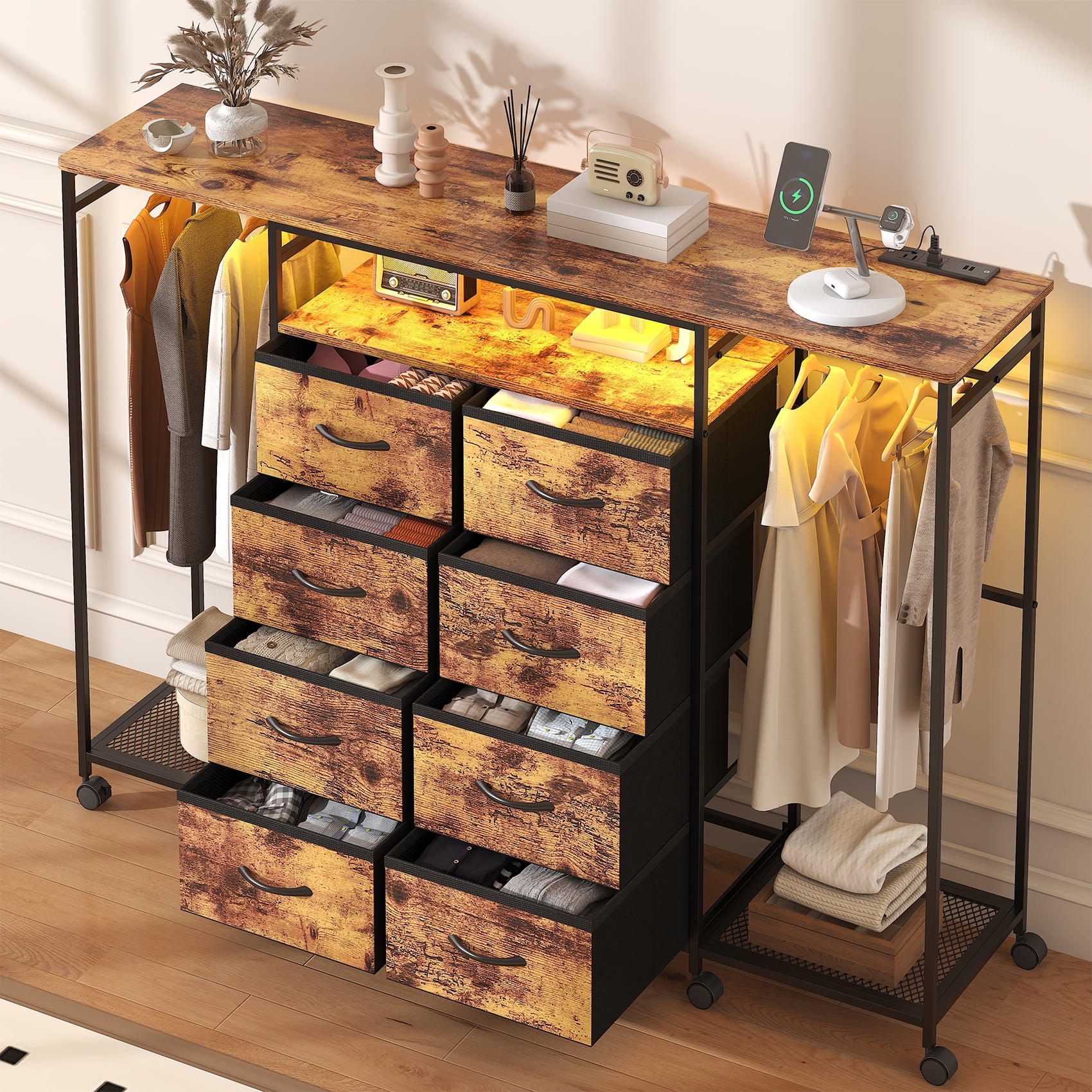 Frmobepts Dresser with Clothes Rack, 8 Drawers Dresser with Charging Station & LED Lights, Brown Storage Unit with Wheels for Bedroom, Closet