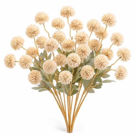 6 Stems Silk Beige Kiku Ball Flowers, Artificial Chrysanthemum Long Stem Flowers for Vase, Realistic Faux Floral Arrangement for Home, Wedding, Valentine's Day, Easter and Seasonal Décor