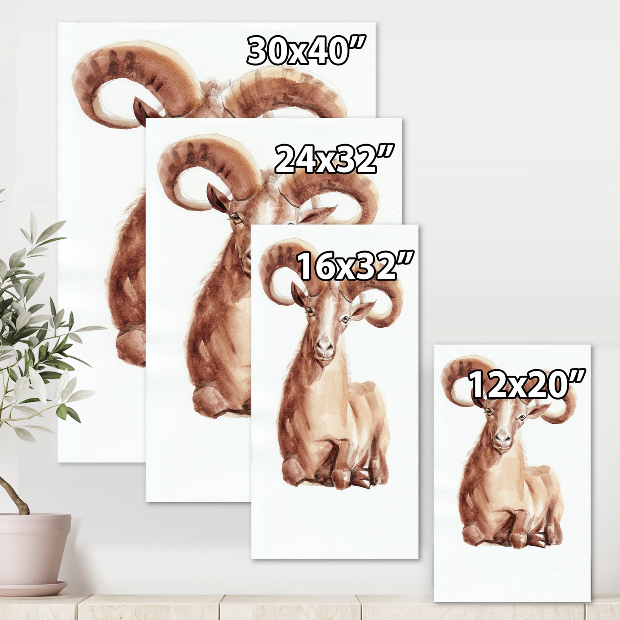 Designart ' Abstract Portrait of Wild Ram With Mighty Horns II ' Farmhouse Canvas Wall Art Print