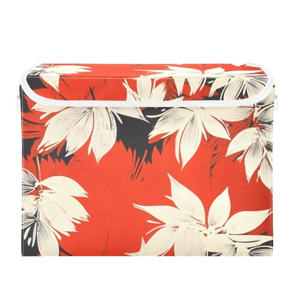White and Red Flowers Japanese Style Large Storage Bins with Linen Collapsible Lid Storage Box 16.7 x 12.6 x 11.8in