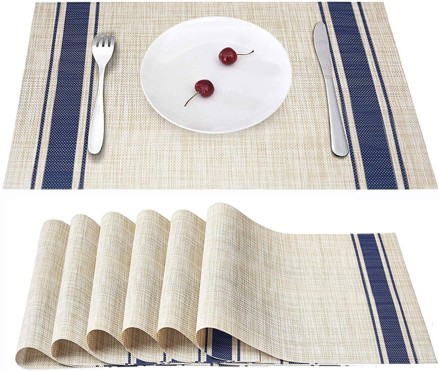 Blue Set of 4 Woven Heat-Resistant Placemats for Dining Table Washable PVC Kitchen Table Mats 