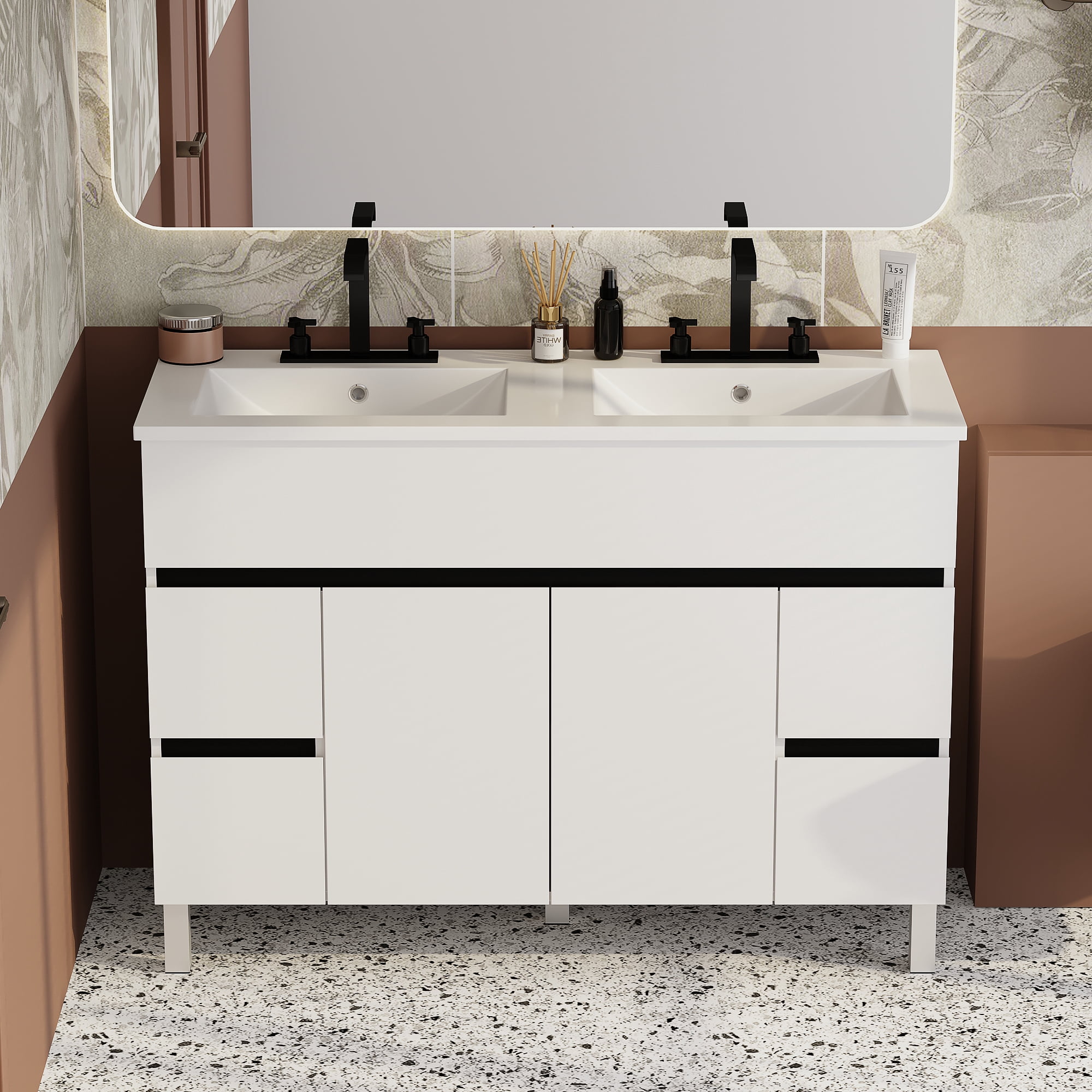 Freestanding Bathroom Vanity Cabinet with 4 Drawers and Double Sink, 46 ...