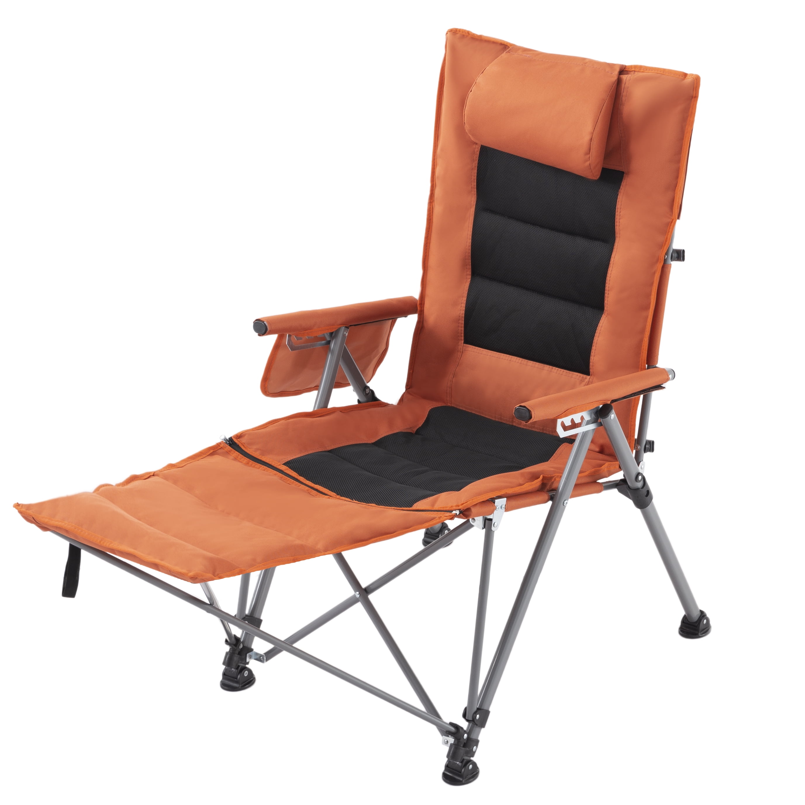 5-Position Reclining Folding Camping Chair with Foldable Footrest, Heavy-Duty Steel Frame Portable Lounge Chair with Side Pocket for Camping Garden Office Nap