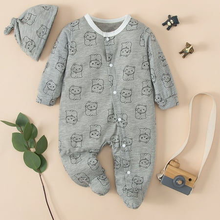 

URMAGIC 0-12M Baby Boy Girls Long Sleeve Footed Jumpsuit Tops and Hat Clothes