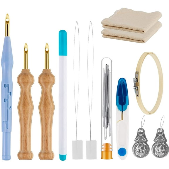 21PC Punch Needle Embroidery Kits Adjustable Punch Needle Tool, Wooden Handle Embroidery Pen, Bamboo Hoops, Punch Needle Cloth, Big Eye Needles, Needle Threaders