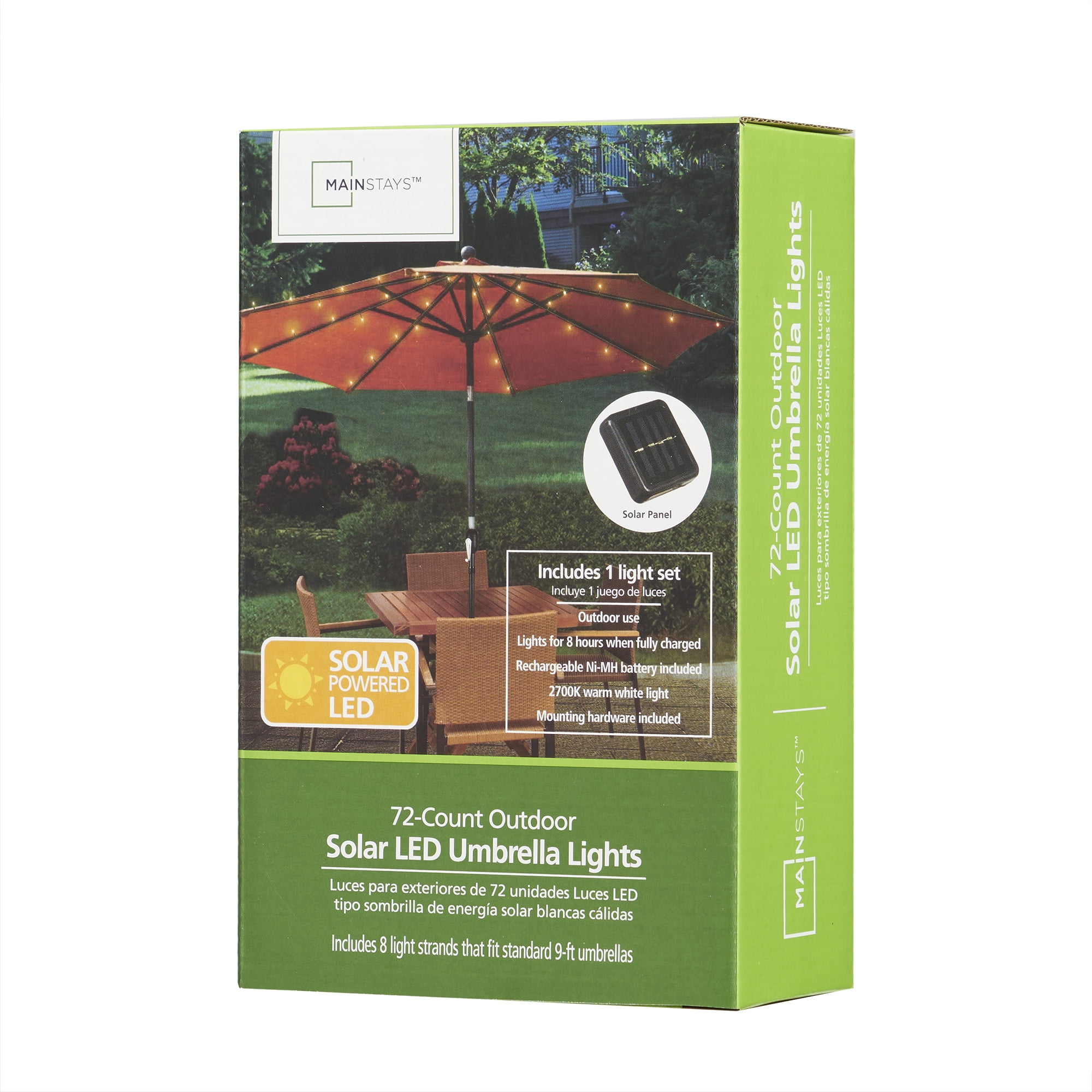 Mainstays 72 Count Solar LED Outdoor Umbrella Lights, 8 Strands, Black