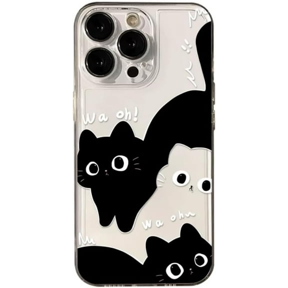 Cute Cartoon Black White Cat Clear Soft Phone Case Compatible with iPhone Case (Clear,iPhone 14 Plus)