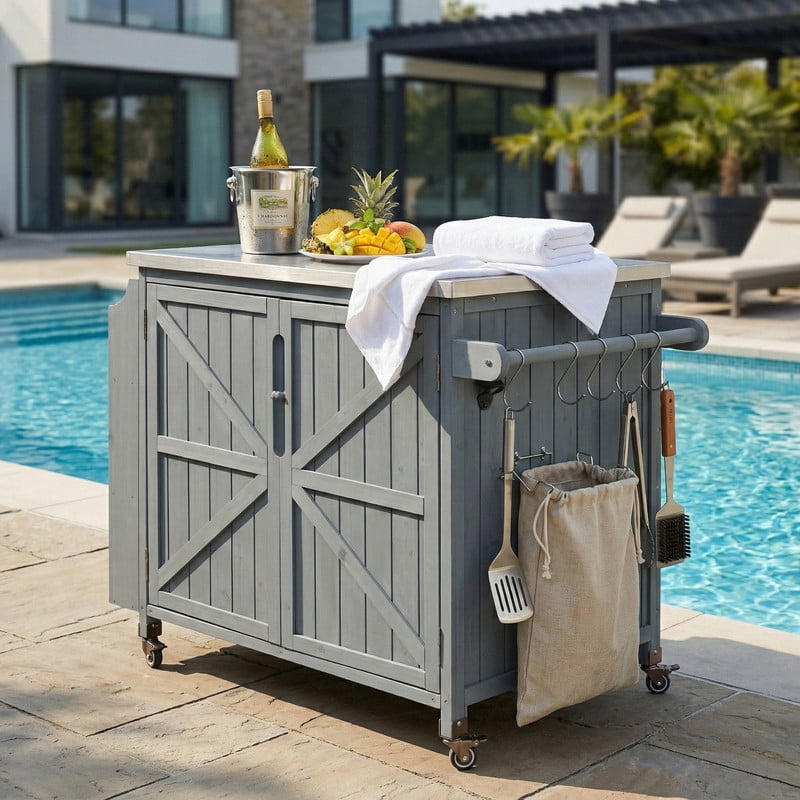 35.4''W Stainless Top Outdoor Rolling Kitchen Storage Island with Side Racks, Outdoor Grill Serving Cart with Cabinet & Adjustable Shelf