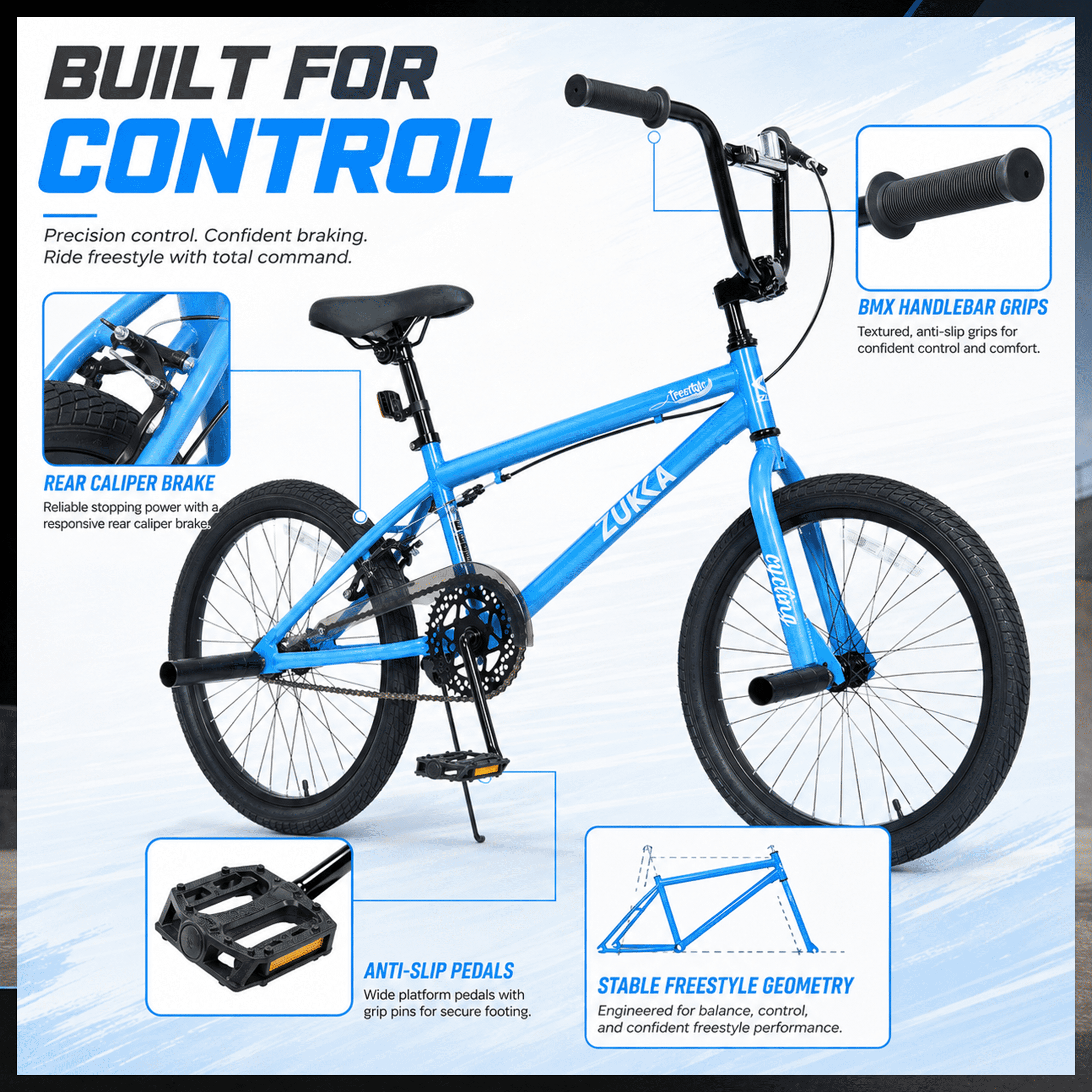 20 Inch Kids Bike Freestyle MTB Single Speed Bicycle for Boys Girls Age 7–10, Steel Frame, Rear Caliper Brake, Adjustable Seat, BMX Pegs, Outdoor Children Bicycle Blue