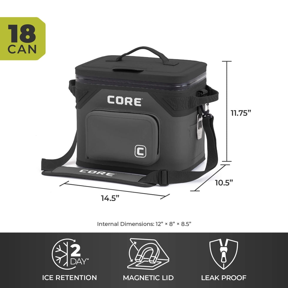 CORE 18 Can Climakeep Magnetic Soft Cooler, Leakproof Cooler, Waterproof Zipper, Charcoal