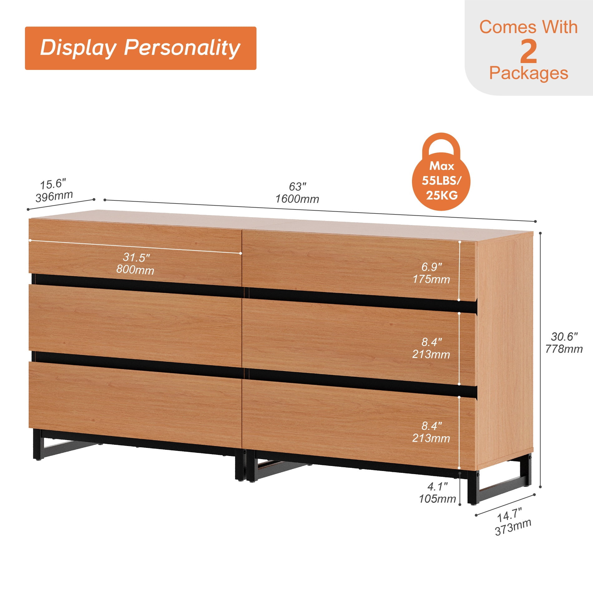Modern TV Stand with 6 Drawers and Metal Base, Entertainment Center Media Console for Living Room Bedroom, Fits TVs up to 70 Inch, Mocha