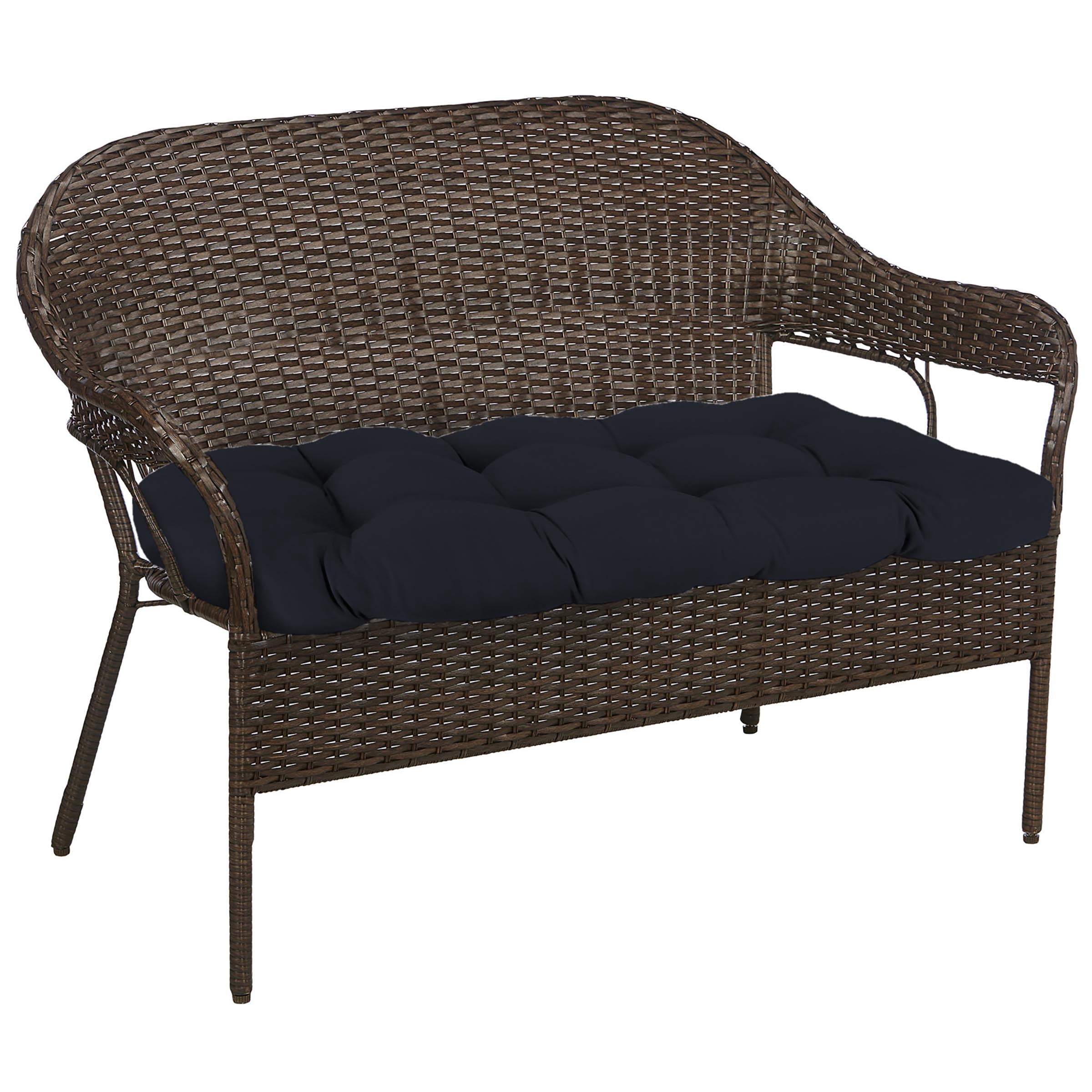 Jordan Manufacturing 44" x 18" Navy Solid Rectangular Tufted Outdoor Wicker Settee Bench Cushion with Rounded Back Corners