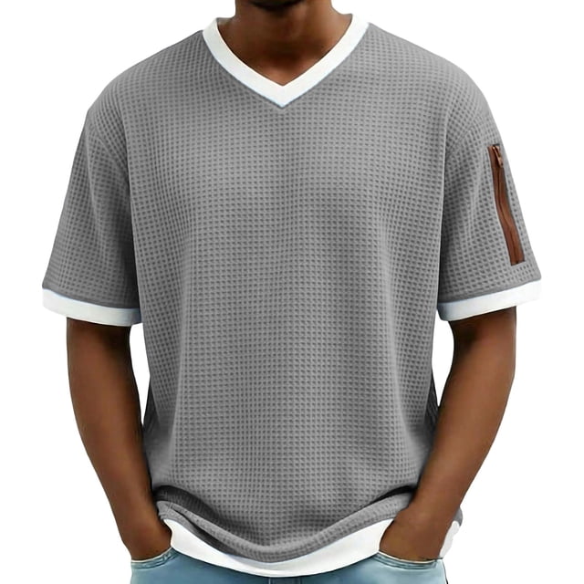 Hombro Frío Tops Hombres de Malla Respirable Manga Corta Cuello en V Color Sólido Suéter Superior