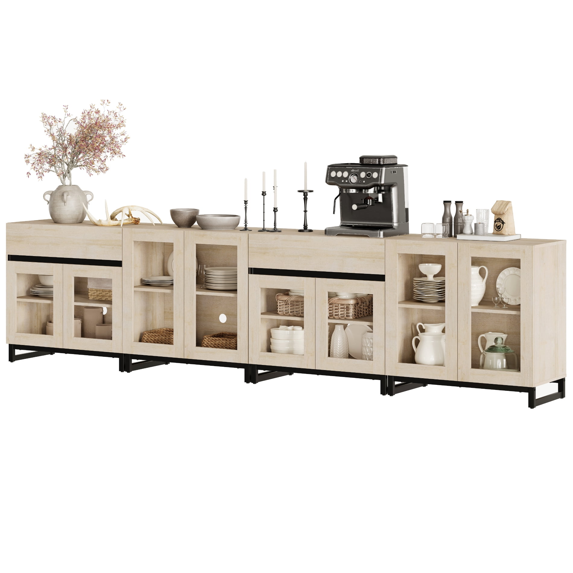 Modern 4-in-1 Chest Of Drawers, Multifunctional Storage Dresser with Glass Doors, 2 Drawers and Adjustable Shelf for Bedroom Living Room,Beige