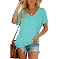 thumbnail image 3 of SHIBEVER Womens V Neck Short Sleeve Tshirts Casual Tops Cute T Shirts Summer Clothes Basics Tee Shirts for Women Clothes Tops with Side Shirring Loose Fit Pleated Tunics Solid Color Aqua Plus Size 3XL, 3 of 8