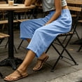 thumbnail image 4 of KIHOUT Women Summer High Waisted Wide Leg Capri Pants Solid Color Drawstring Elastic Waist Casual Cropped Trousers with Pockets Loose Fit Beach Pants, 4 of 9