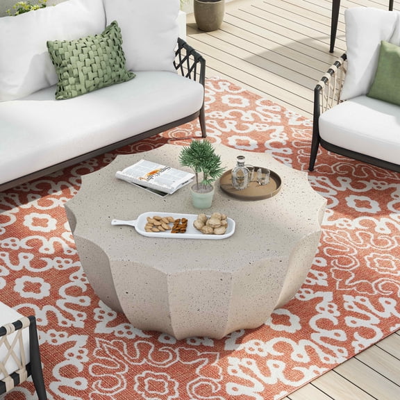 FFH 35.43" Coffee Table for Indoor & Outdoor, Modern Cement Table for Living Room, Patio, Backyards, White