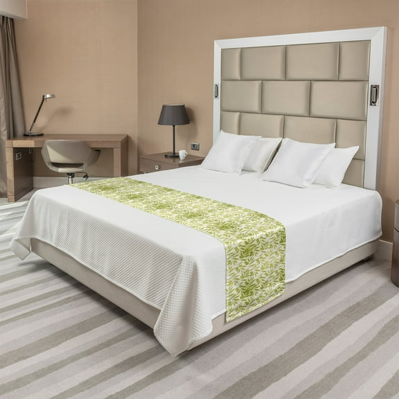 Botanical Bed Runner, Repeating Pattern with Silhouettes of Olive on Leafy Branches, Decorative Accent Bedding Scarf for Hotels Homes and Guestrooms, Queen, Avocado Green Ivory, by Ambesonne