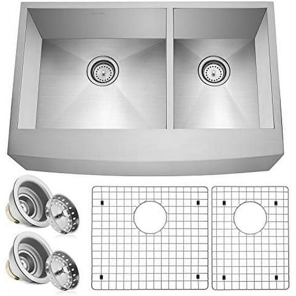 33" x 21" x 10" Deep Double Bowl (60/40 Split) Farmhouse Apron Zero Radius 16-Gauge Stainless Steel Kitchen Sink - Includes Drains/Grids