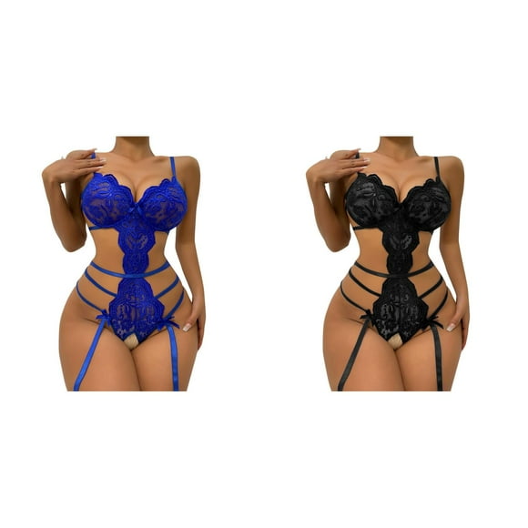 (2-Pack) Rinsvye Women Snap Crotch Bikini Women Lace Bodysuit Deep Negligee for Women Long V Teddy Lace Push Big Bust for Women Up Bodysuit