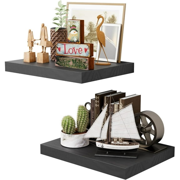 Black 12 Inch Deep Floating Shelves - Set of 2, Rustic Wood Shelving Live Edge Shelves Display for Storage, Bathroom, Kitchen, Office