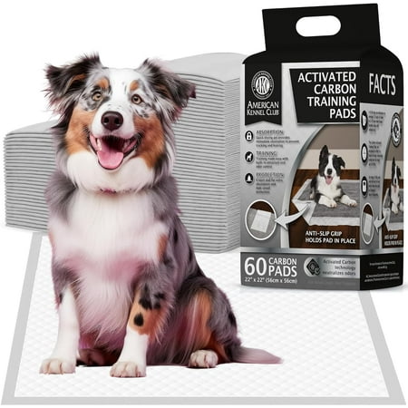 American Kennel Club Charcoal Puppy Training Pads, with Anti-slip Adhesive Backing, Quick Dry Gel and Activated Carbon Odor Control - 22 x 22 - 60 count