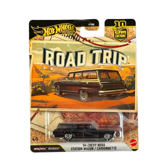 Collectible Hot Wheels Premium Car Culture Road Trip '64 Chevy Nova Station Wagon 1:64 Scale Die-Cast Metal Play Vehicle with Real Riders Tires for Ages 3+