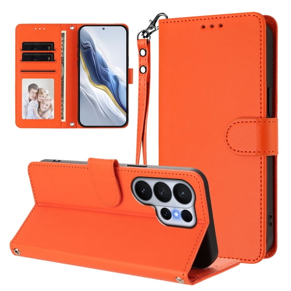 ELEHOLD For Samsung Galaxy S26 Ultra Flip PU Leather Wallet Case, Credit Card Slot RFID Blocking Kickstand Shock-Absorbent TPU Magnetic Closure Protective Cover With Lanyard, Orange