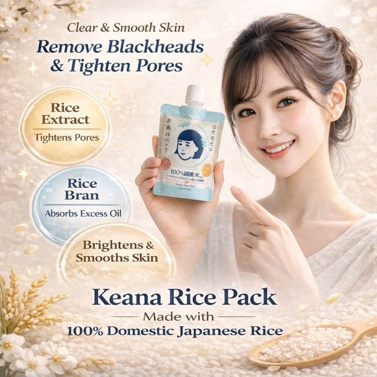 Keana Japanese Rice Pore Care Hydrating Wash-Off Mask with Rice Extract Skin Smoothing Moisturizing Facial Mask Authentic Japanese Skincare 170g