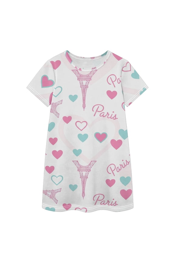 BZSMCE Short Sleeve dress Dress Casual Cotton Dresses-Eiffel Tower Paris Love Pink Of Pattern