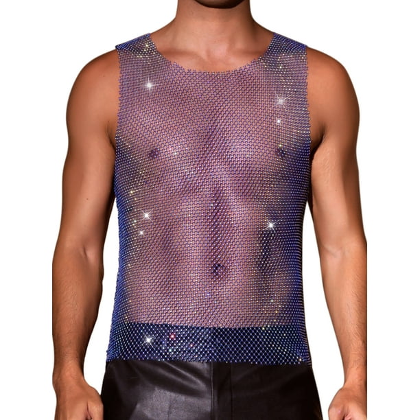 Camiseta sin mangas brillante de malla para hombre INSPIRE CHIC con strass, top brillante, chaleco metálico transparente M azul