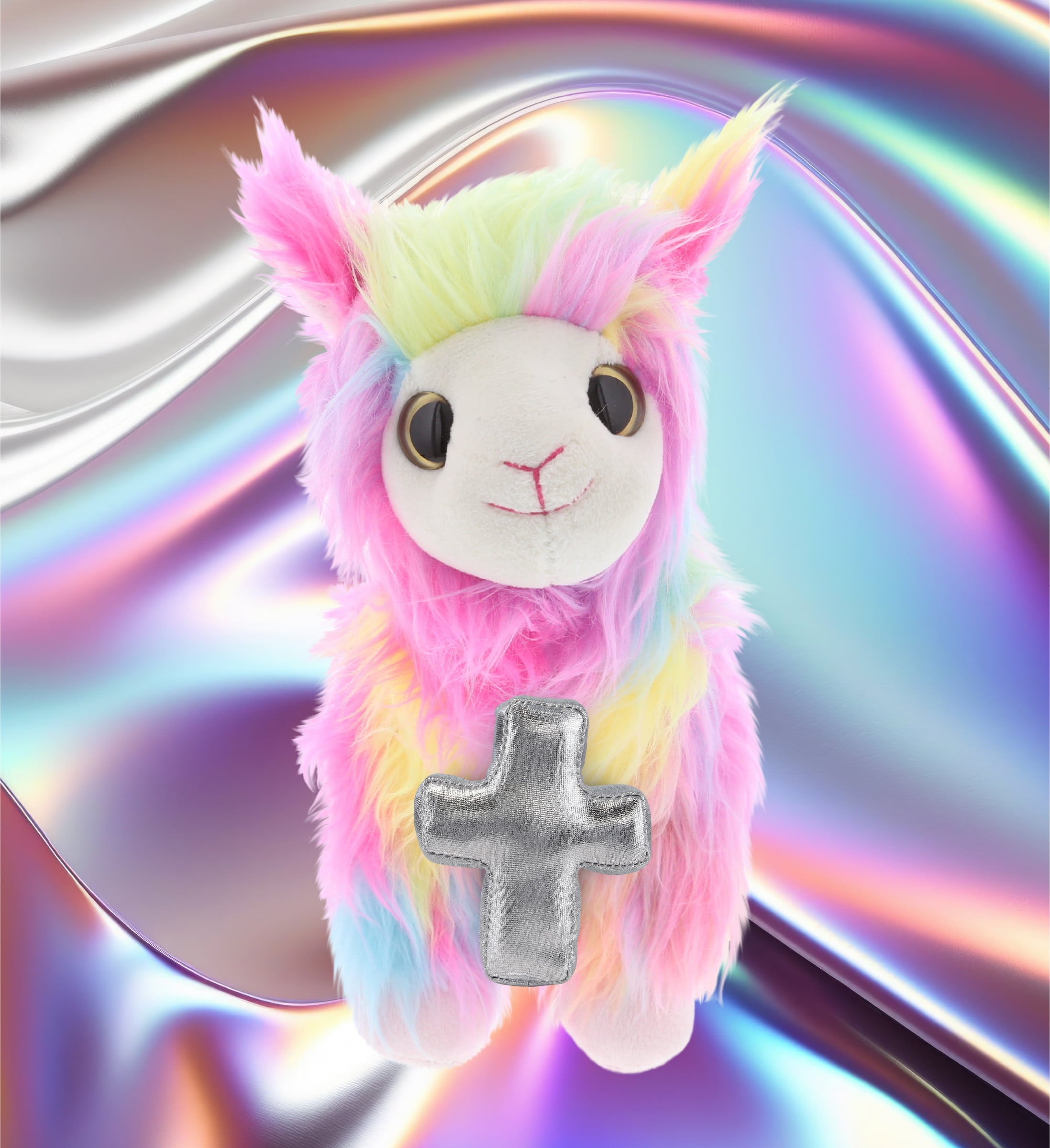 DolliBu Rainbow Llama Stuffed Animal with Silver Cross Plush - Religious Baptism Gifts for Boys and Girls, Dedication Christening Gifts Plush Prayer Toy Healing Stuffed Animal - 10 Inches