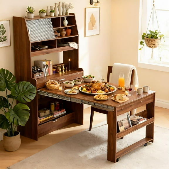 SESSLIFE Sideboard with Storage and Foldable Table, Buffet Cabinet with Hutch for Dining Room, Space Saving Design with Wheels, Farmhouse Style, Walnut