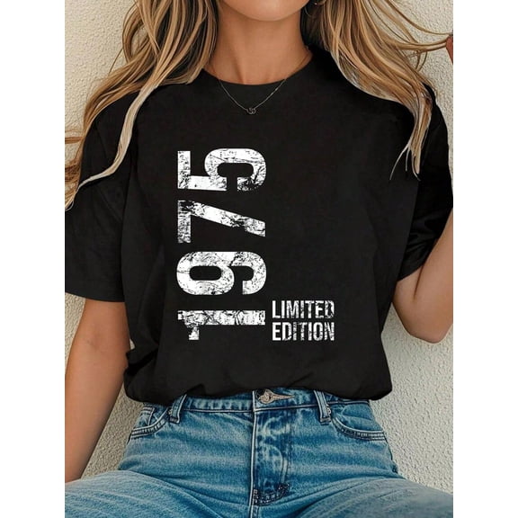 Vintage 1975 Limited Edition Retro Graphic T-Shirt for Women Distressed Birthday Anniversary Gift Casual Black Tee